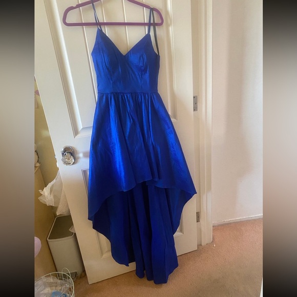 B Darlin Taffeta Stretch Shimmer Gown Royal Blue High Low Maxi Prom Party Dress - Picture 3 of 6